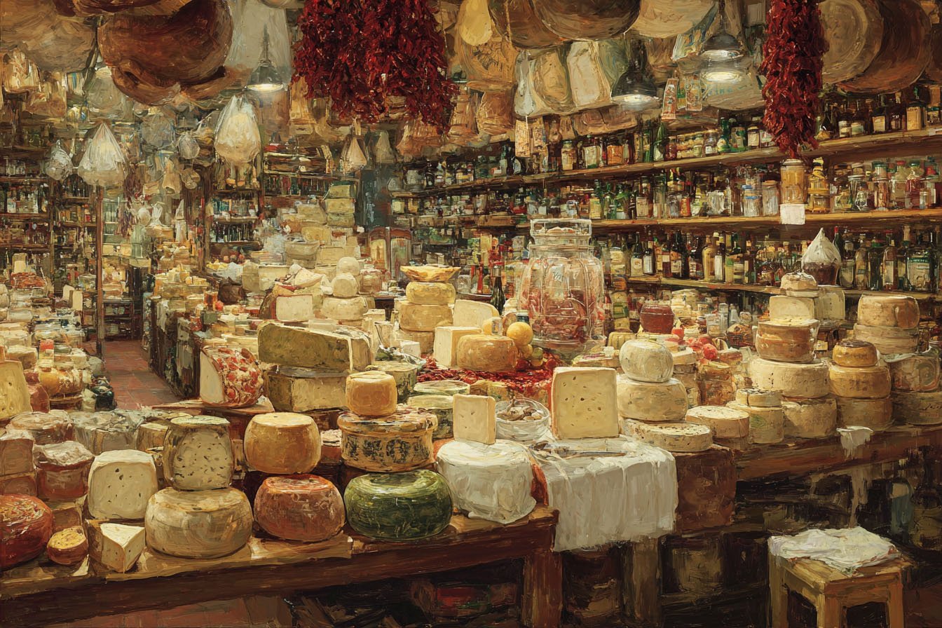 Mercado tradicional con variedad de quesos y embutidos
